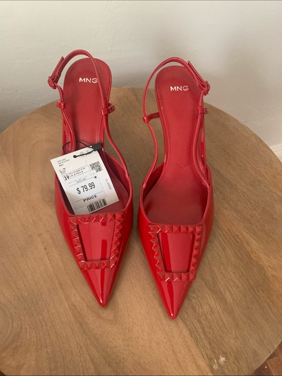 Mango Shoes - Mango Red Patent Pointed Slingback Pumps with Pyramid Studs
